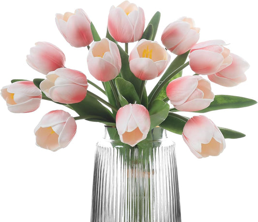 Light Pink Artificial Tulips, 2 Bundles 14Pcs, Fake Tulips Artificial Flowers, 2 x 2.4 Inch Large Flower Head Big Tulip, Easter Valentine's Day Mother's Day Home Decoration Flowers