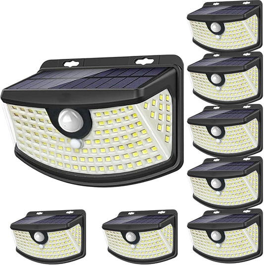 Aootek New Solar Motion Sensor Lights 120 LEDs with Light Reflector,270° Wide Angle, IP65 Waterproof, Step Lights for Front Door, Yard, Garage, Deck (Front Button 8-Pack)