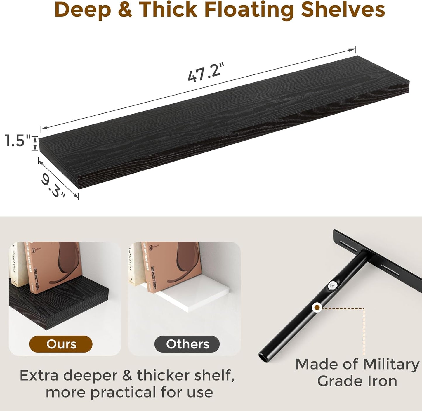 48 Inch Floating Shelves Black, Rustic Wood Floating Shelf Wall Mounted, 9 Inch Deep Floating Shelf for Kitchen, Bedroom, 48 x 9 Wall Shelves for Home Storage, Set of 1