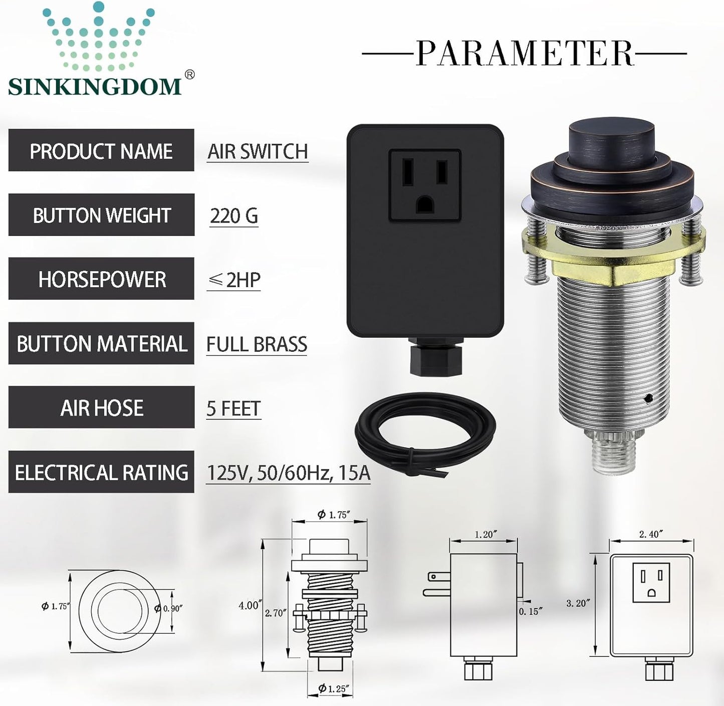 SinkTop Air Switch Kit (Long Full Brass Button) for Garbage Disposal, Cordless Oil Rubbed Bronze