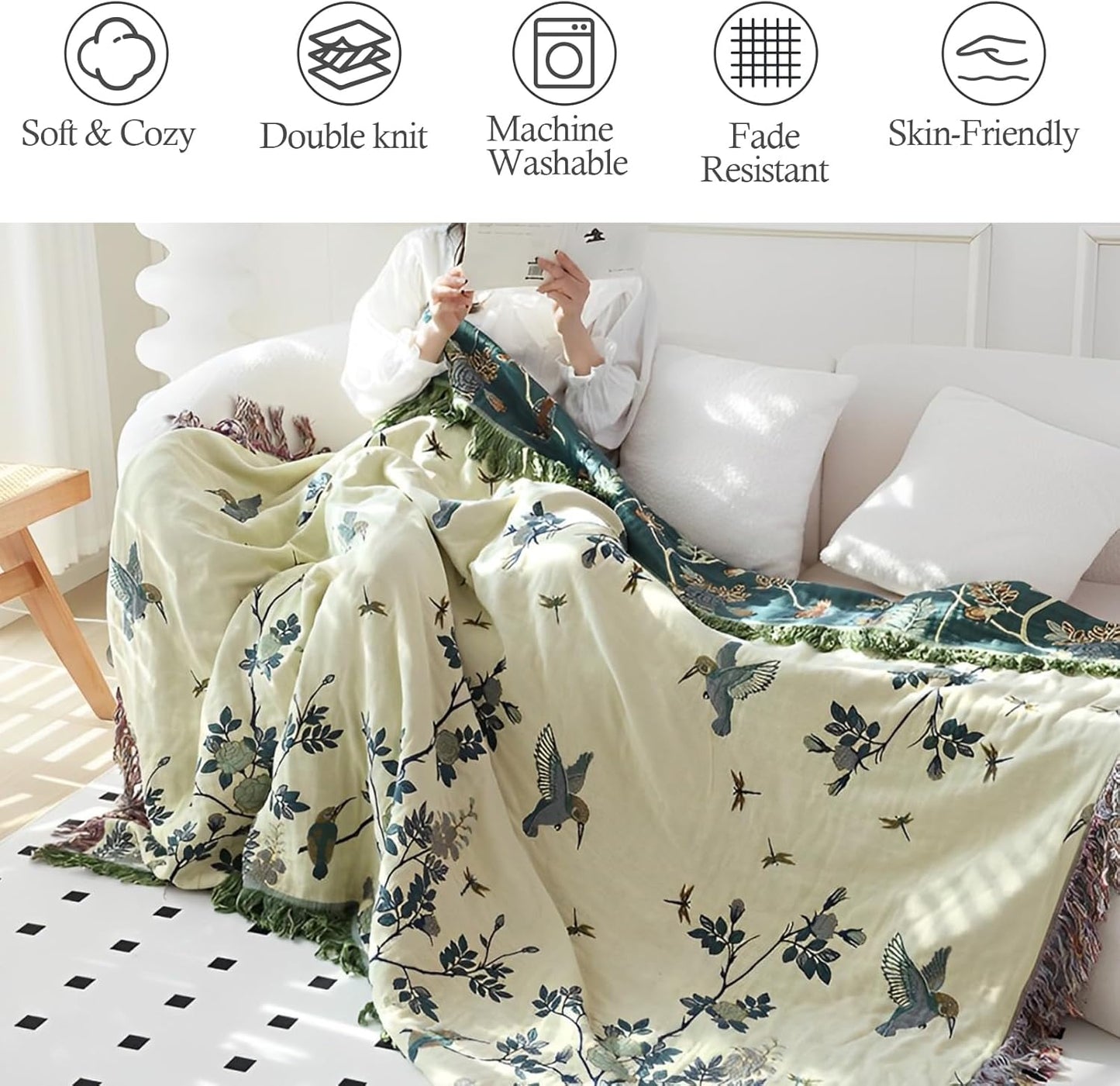 Snycler Boho Throw Blanket for Bed - 100% Cotton Ultra Soft Rustic Quilt Blanket Green Floral Bird Printed Farmhouse Decor Bed Blankets, 80"×90" All Season Rustic Throw for Sofa Chair Couch