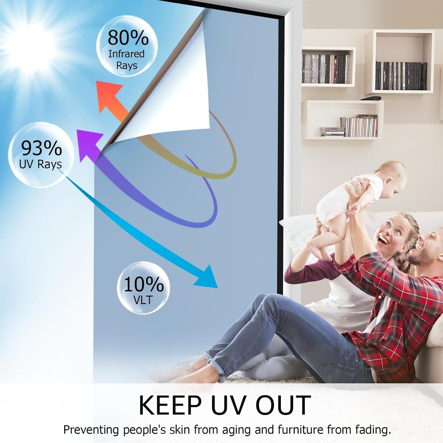 HIDBEA One Way Mirror Window Film ,Daytime Privacy Sun Blocking Reflective Window Film Static Cling Heat Control Window Tinting Film for Home and Office, Blue Silver, 35.4 x 98.4 Inch