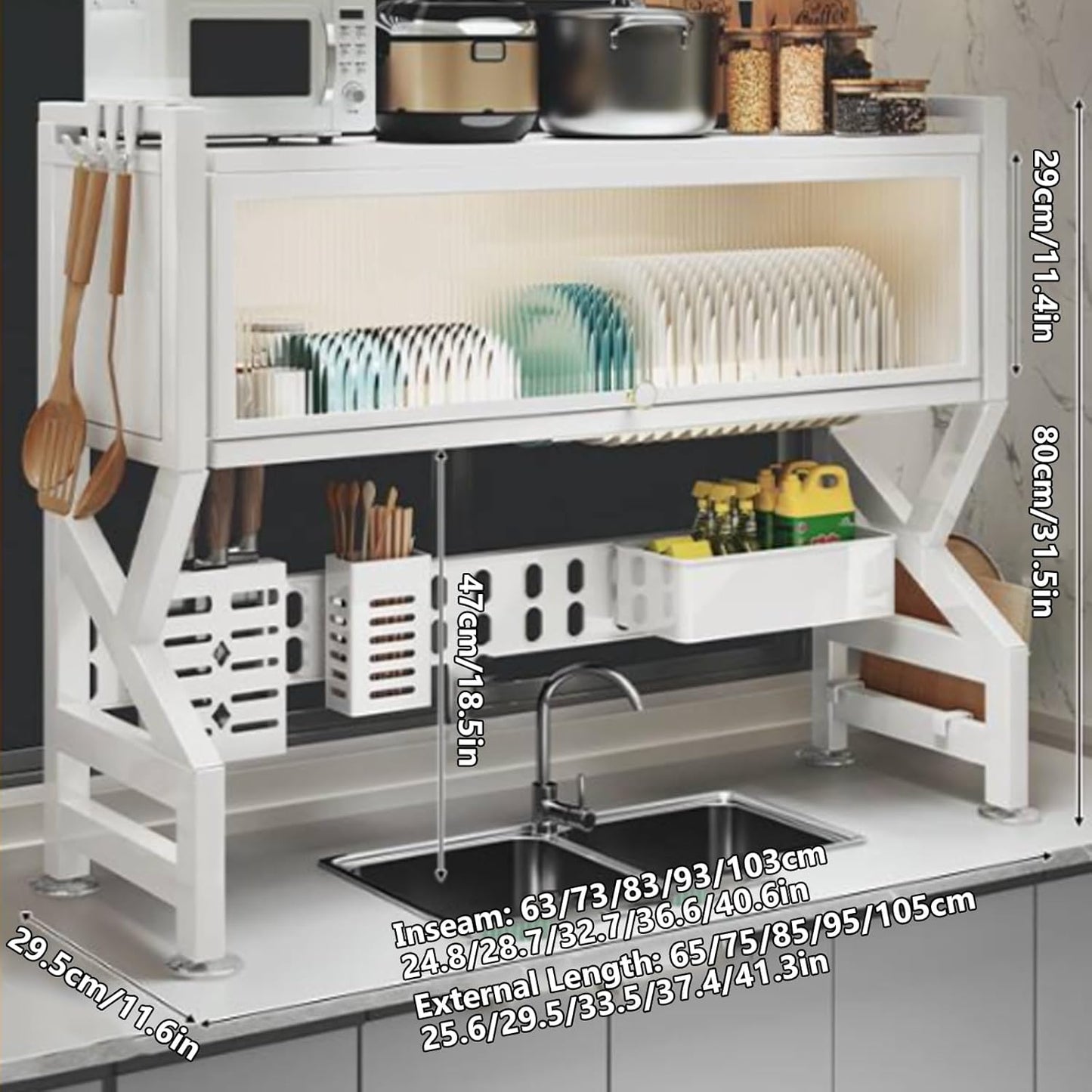 Kitchen sink rack dishwashing sink countertop dustproof cupboard storage multifunctional tableware storage drain rack double layer,KeepKitchen Sink Shlef Organized Space-Saving(White,75cm/29.5in)