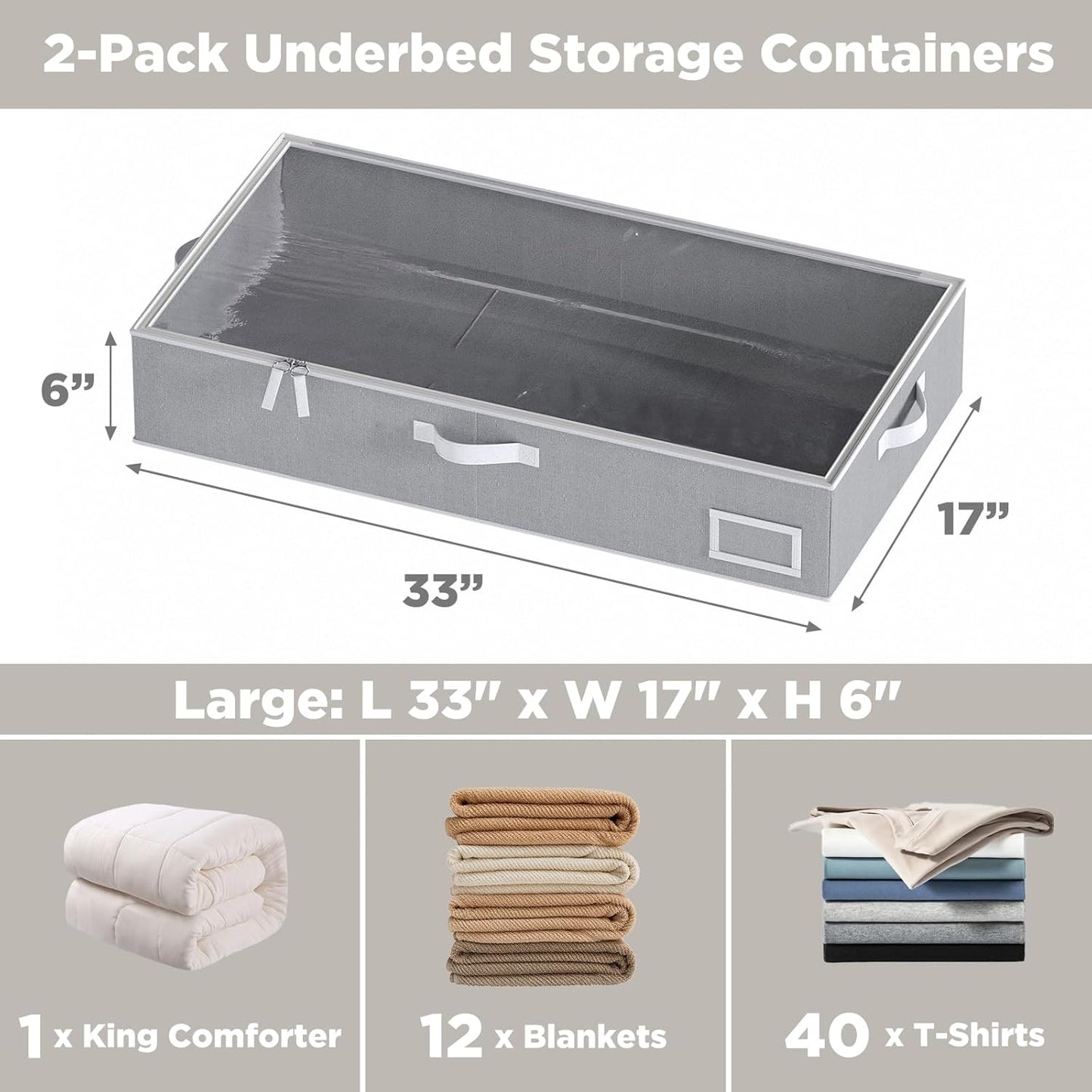 Under Bed Storage Containers, 2-Pack Underbed Storage Box, Collapsible Clothes Storage Bins with Handles and Lid, Large Under Bed Organizers for Shoe, Blanket, Pillow, Sheet, Gray