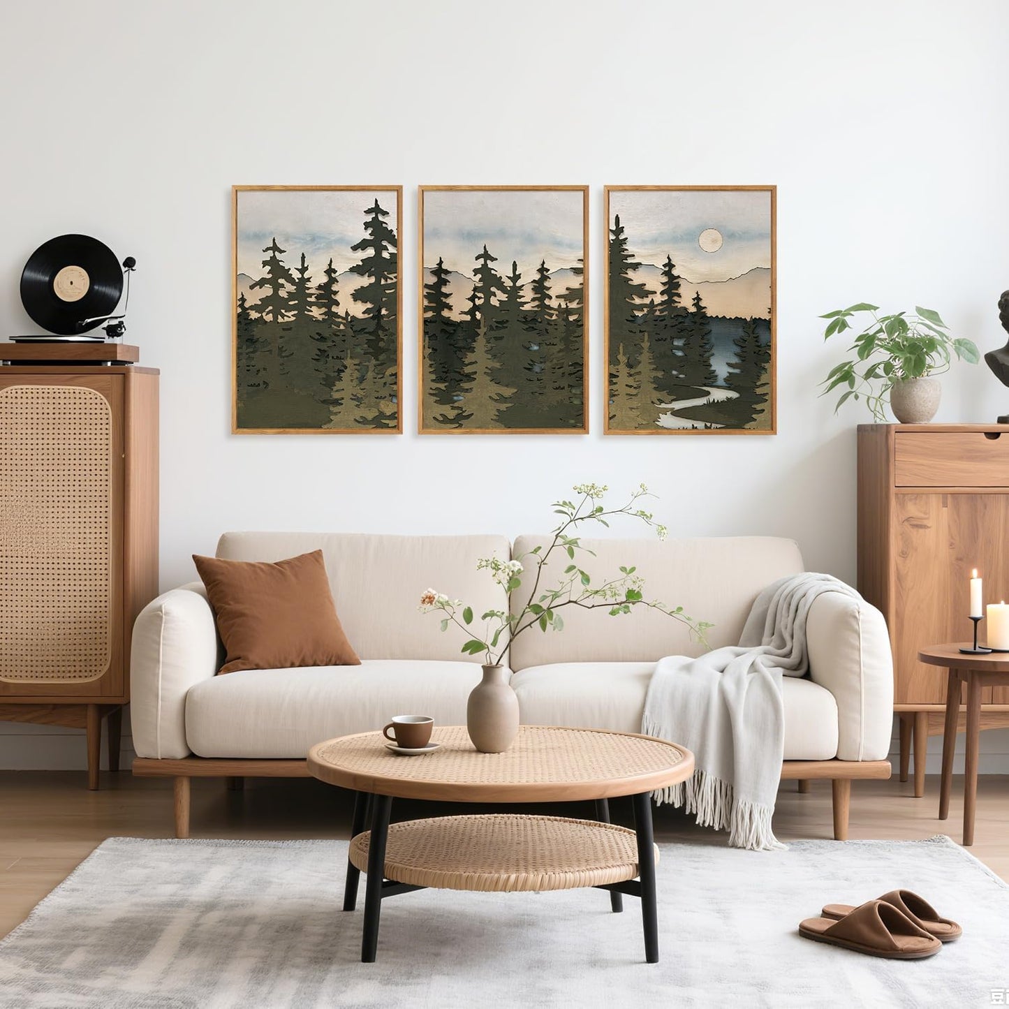 HPNIUB Vintage Mountain Framed Canvas Wall Art Set, Boho Sunrise Art Prints, Forest Nature Wilderness Art Paintings, Abstract Farmhouse Pine Tree Wall Decor for Living Room Bedroom, Office- 16"x24"x3