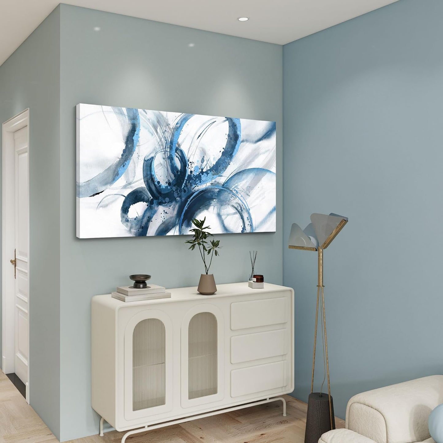 AJAZIKO Blue Wall Art Abstract Wall Decor Pictures for Living Room Wall Decoration Print Pictures Canvas Framed Artwork Minimalist Paintings for Office Above Bed Wall Decor 20×40in