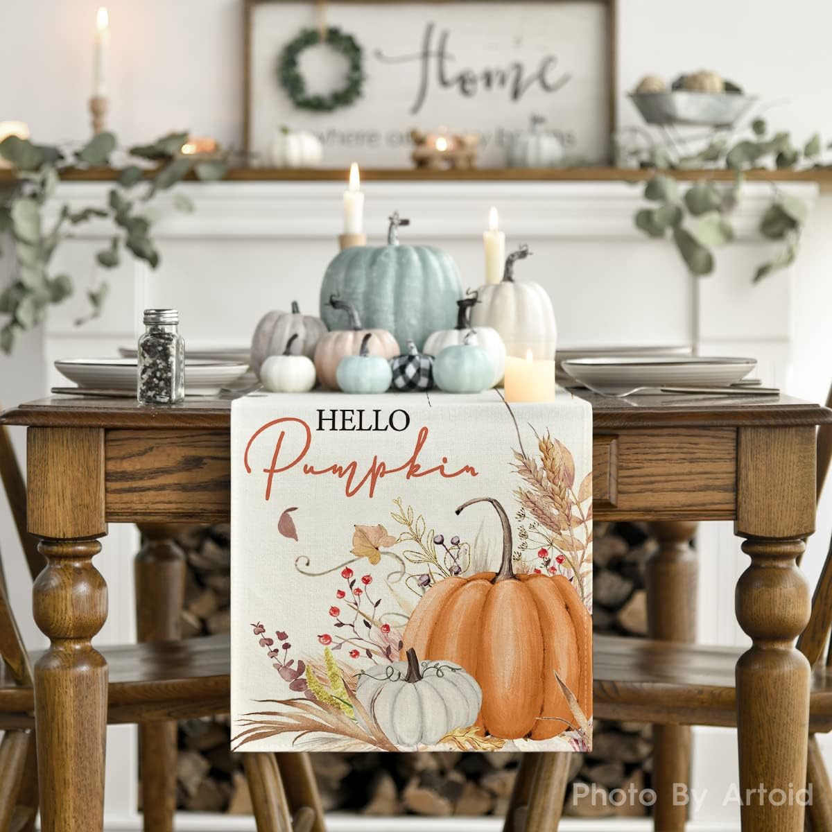 Artoid Mode Hello Pumpkin Flowers Leaves Thanksgiving Table Runner, Seasonal Fall Harvest Vintage Kitchen Dining Table Decoration for Indoor Outdoor Home Party Decor 13 x 72 Inch