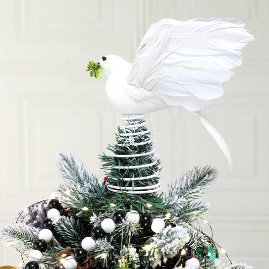 Retisee 9 Inch Dove Olive Christmas Tree Topper White Bird Christmas Tree Decoration Peaceful Flying Dove Ornaments Artificial Feather Flocked for Hanging Wedding Party Decor