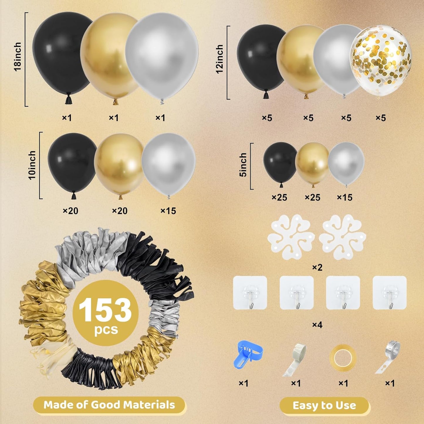 Amandir 153pcs Black and Gold Balloons Arch Garland Kit Different Sizes 18 12 10 5inch Latex Metallic Gold Confetti Balloons for Birthday New Year Decorations Party Supplies