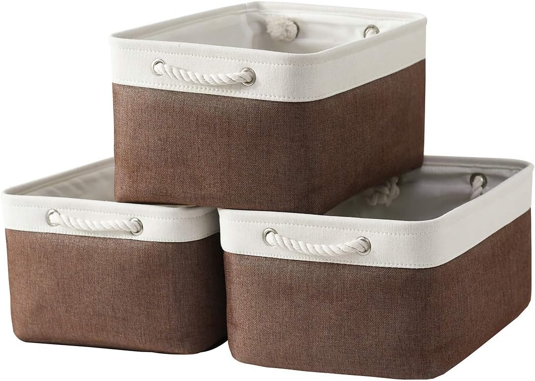 Large Storage Baskets for Shelves, Fabric Baskets for Organizing, Collapsible Storage Bins for Closet, Nursery, Clothes, Home & Office [3-Pack, White&Brown]