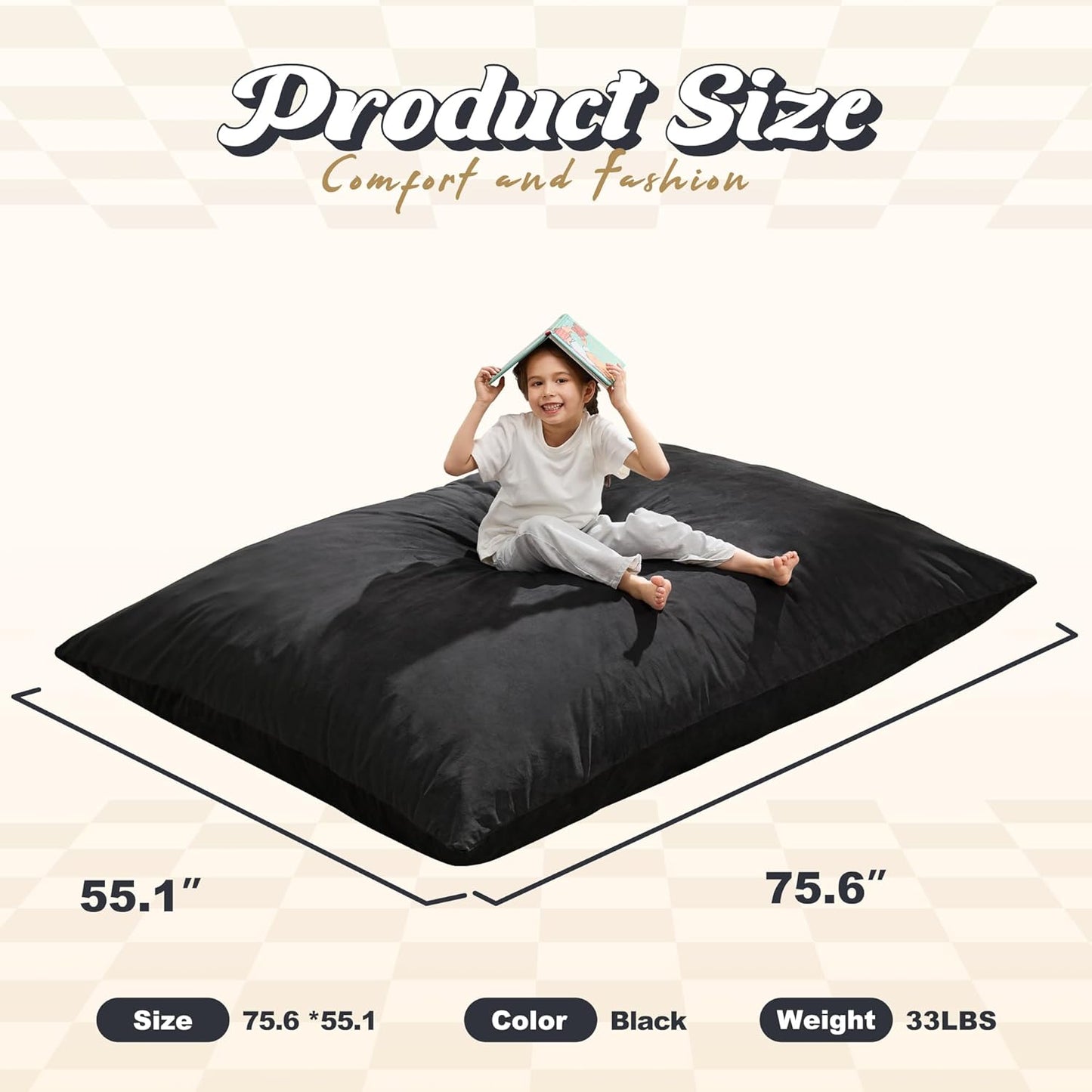 Hobestluk 3 in 1 Bean Bag Chair Giant Bean Bag Chairs for Adults with Velvet Cover Convertible Bean Bag Floor Cushion with Machine Washable Cover for Living Room (Velvet Black)