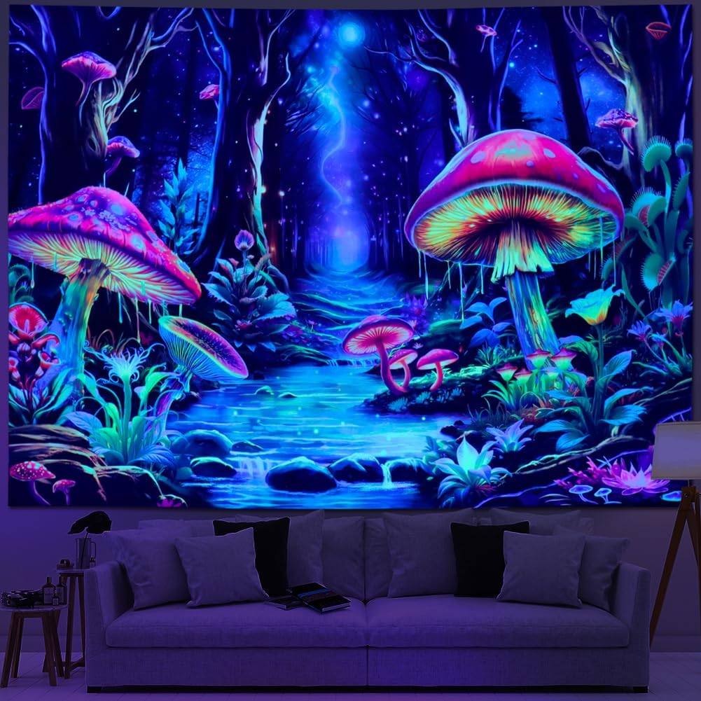 Yuiqear Blacklight Mushroom Tapestry Fantasy Forest Tree Tapestries UV Reactive Floral Plant Tapestries Neon Glow in The Dark Tapestry Wall Hanging for Bedroom Aesthetic Decor