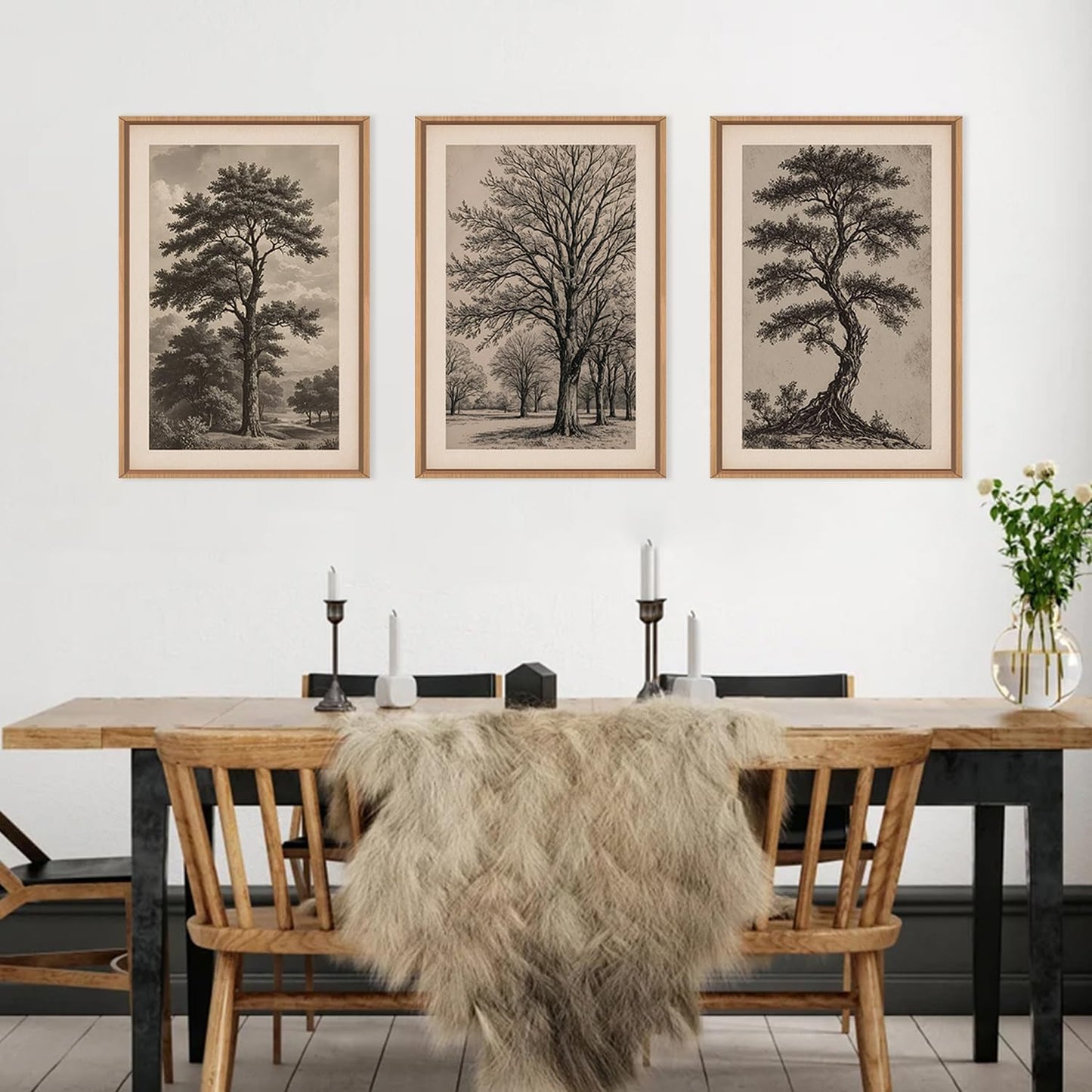 HPINUB Vintage Sketch Tree Framed Canvas Wall Art Set,Modern Nature Botanical Wall Decor, Antique Wilderness Tree Artwork,Minimalist Neutral Art Prints for Living Room,Bedroom,Farmhouse-16 x24 x3