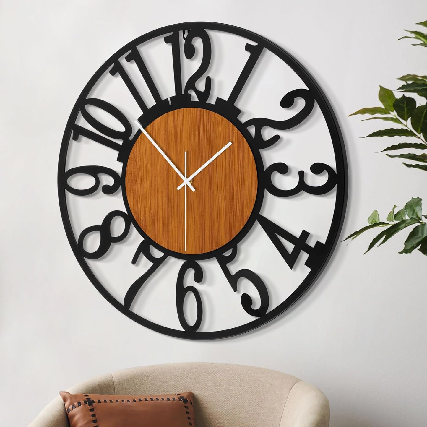 LEIKE 32" Oversized Large Wall Clocks,Silent,Non Ticking,Battery Operated Modern Round Big Wood Decorative Metal Wall Clock for Living Room, Bedroom,Kitchen,Farmhouse,Office Decor - Black,32 Inch