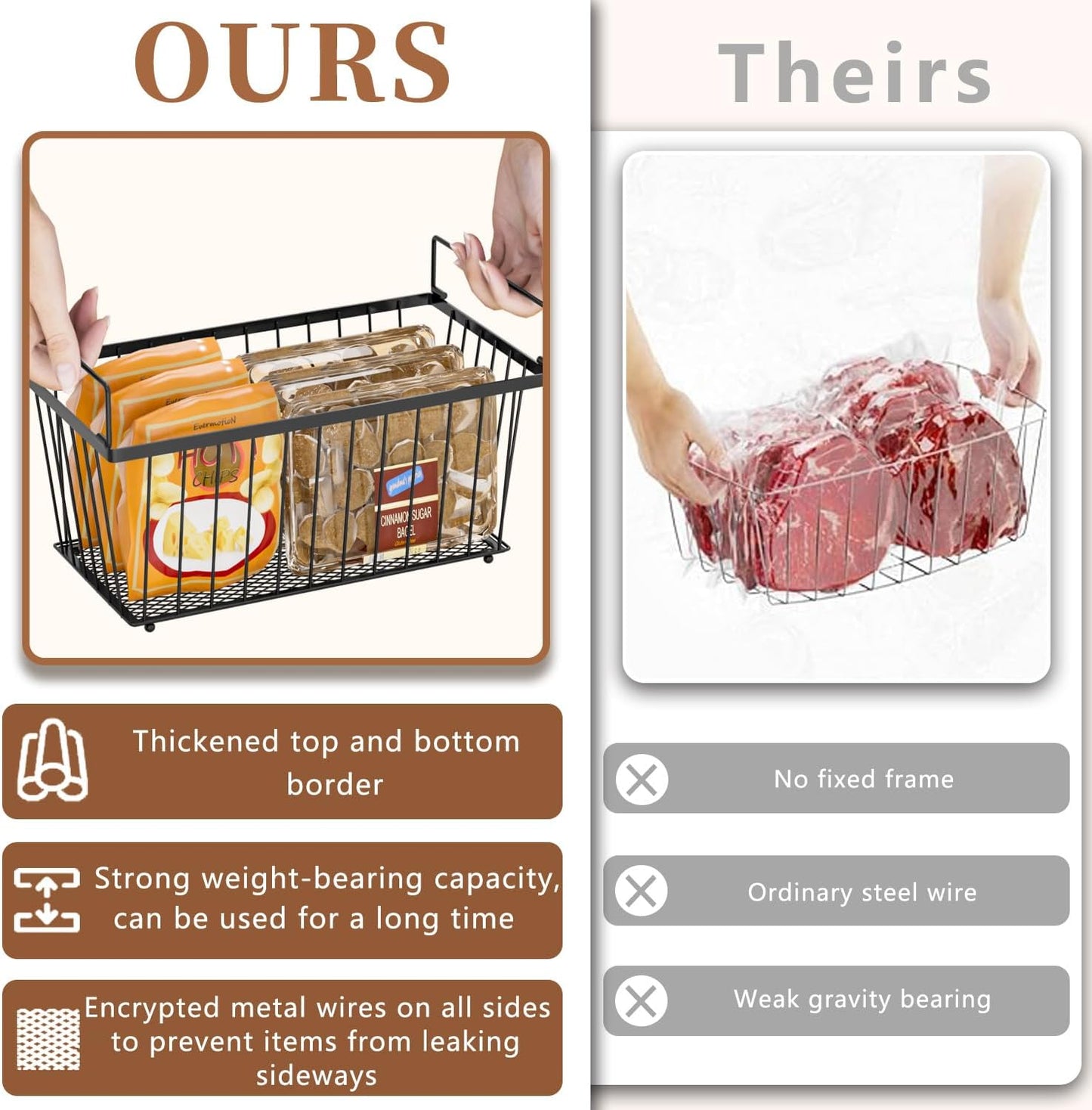 5 Pack Stackable Deep Freezer Organizer Bins ，Upgraded Bottom Leak-Proof net，Encryption and Hardening ， Freezer Organizer Bins for 5 to 7 Cu.FT Small Chest Freezer， Easy Get Bottom Foods