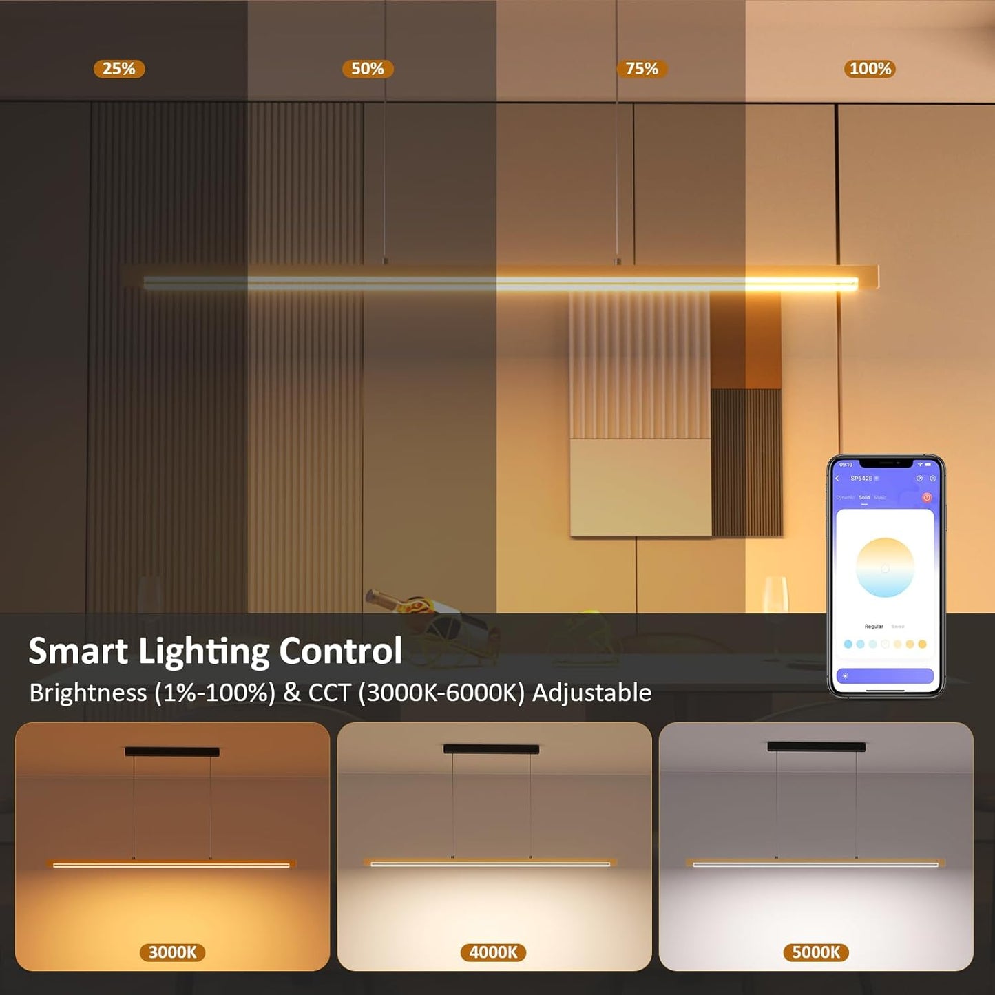 54" Linear Pendant Light Aluminum, 40W Gold Dimmable Kitchen Island Lighting with Remote & App Control, Adjustable CCT (3000K-6000K), Modern Chandelier for Home Office Dining Room Study