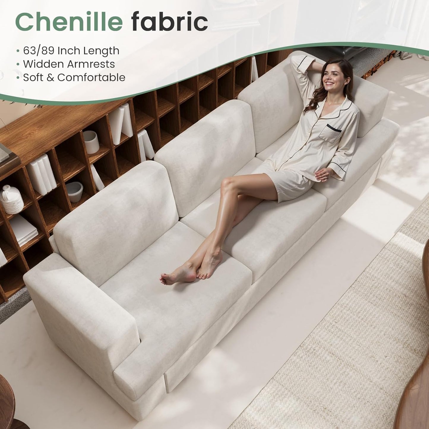 2 Piece Set Comfy Sofa Couch, 2 3-Seater Sofa with Deep Seats, Modern Sleeper Couch for Living Room, Beige Chenille