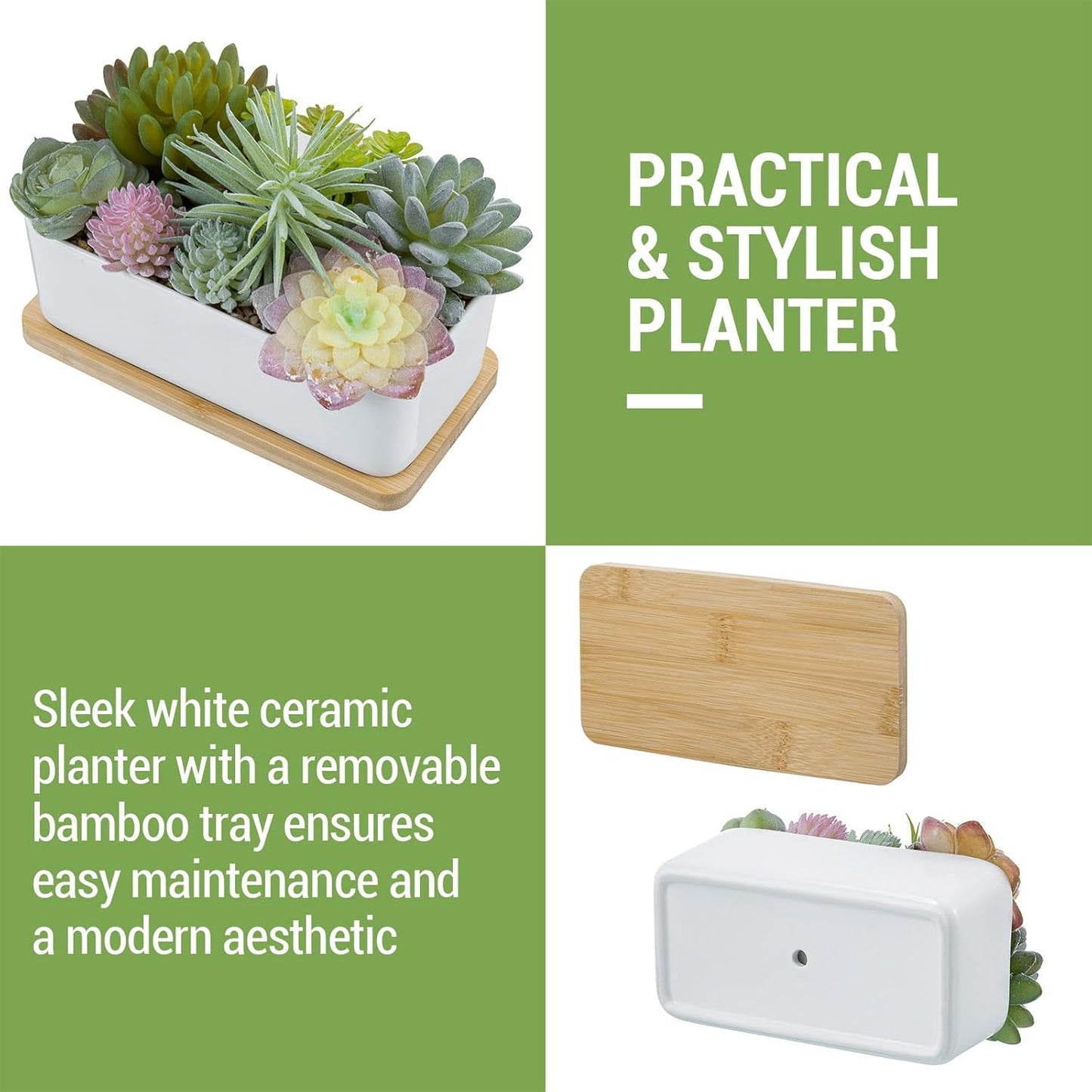 MyGift Assorted Artificial Succulent Plant Arrangement Potted in White Ceramic Planter Pot with Removable Bamboo Tray
