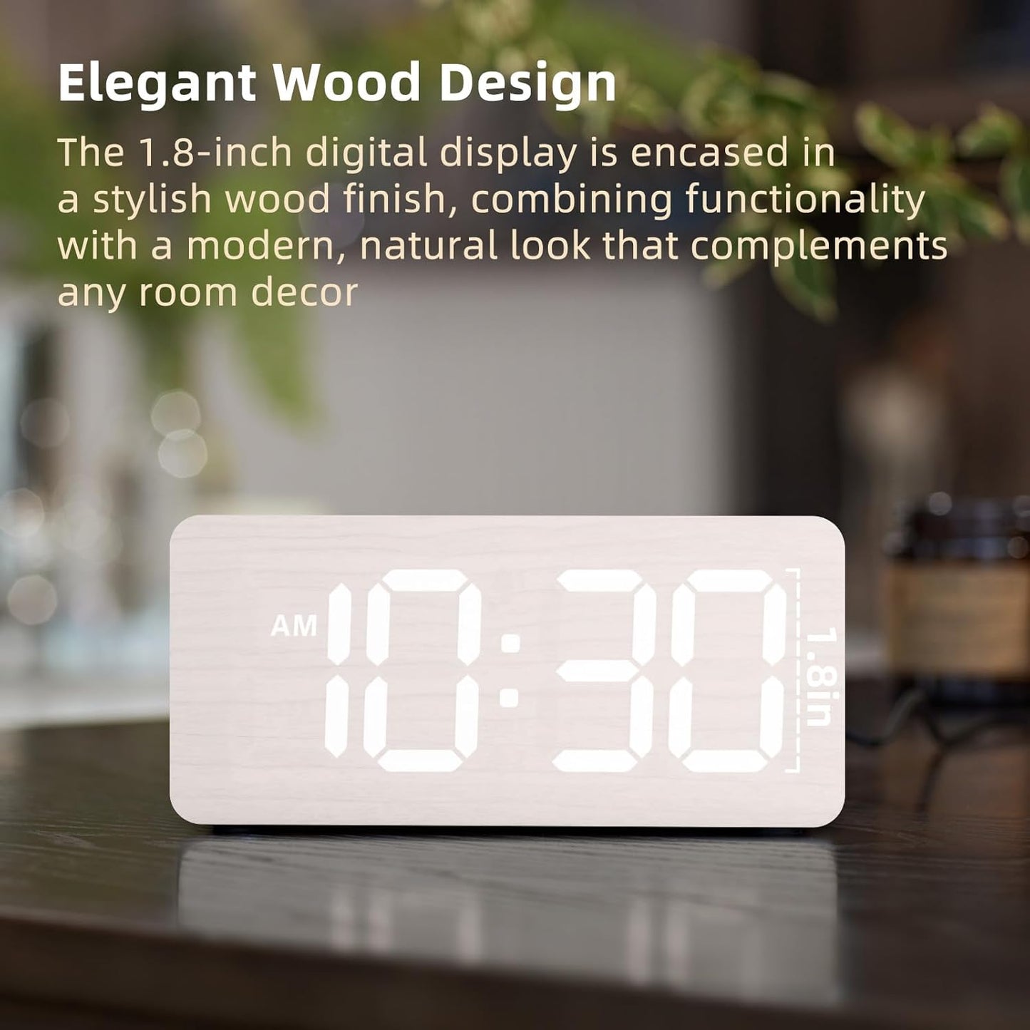 uscce Wooden Digital Alarm Clocks for Bedrooms: Dimmable Dual Alarm Clock with Large Numbers for Bedside Desk - Loud Alarm for Heavy Sleepers with Volume Control - Wood Decor & Gifts