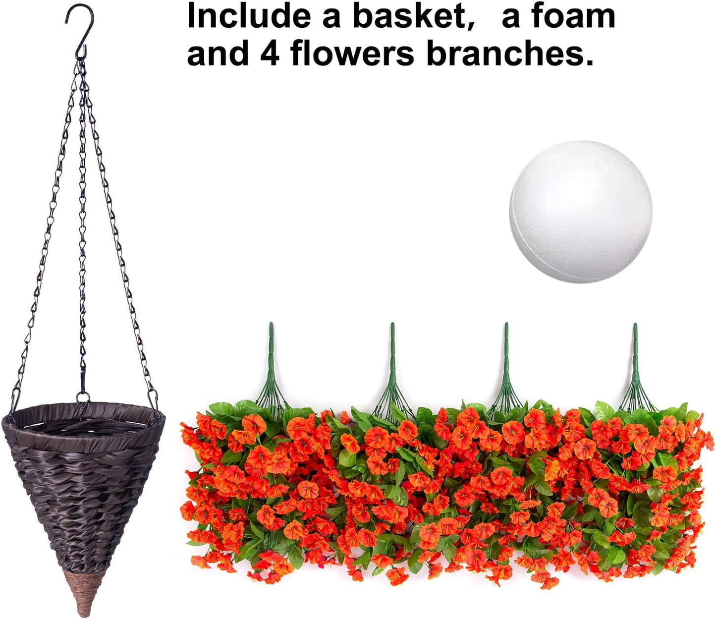 Artificial Fake Hanging Flowers Plants Baskets for Outdoor Fall Decoration, Faux Silk Orange Morning Glory in Planter UV Resistant Look Real for Home Porch Patio Balcony Yard Decor