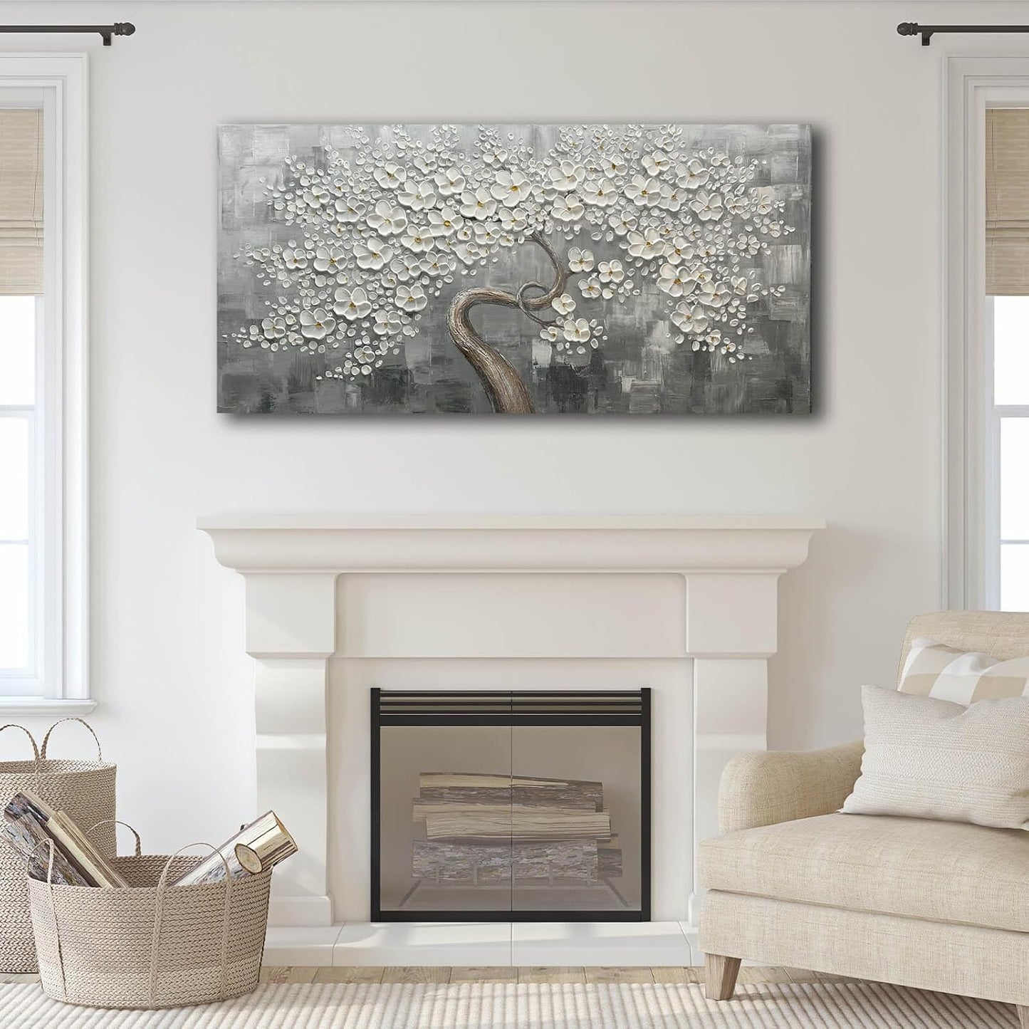 SDYA White Flower Wall Decor Living Room Decor Bedroom Decor Aesthetic Hand-Painted Flower Artwork for Bathroom Office Wall Decoration 24" x 48"