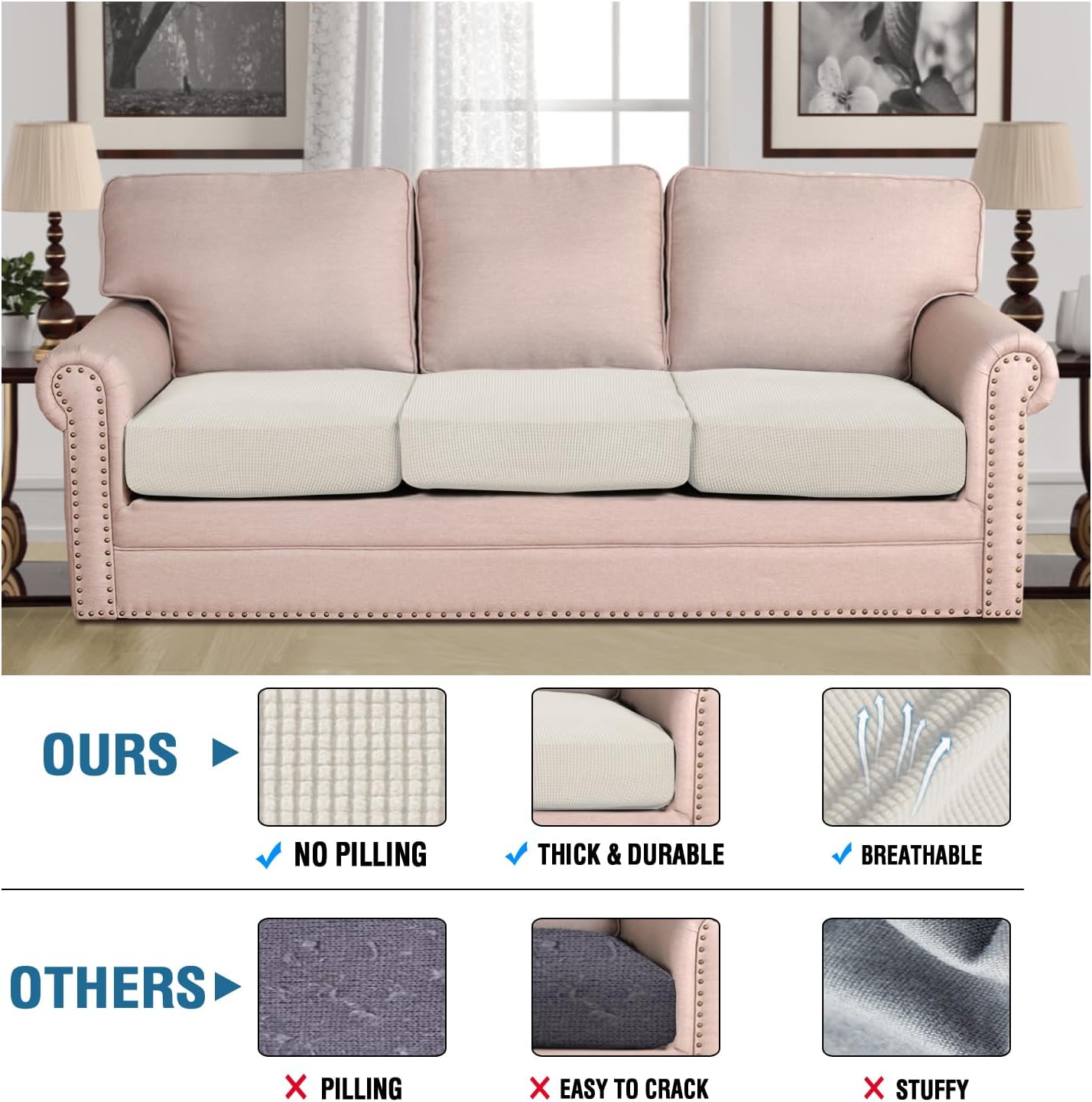 H.VERSAILTEX Super Stretch Individual Seat Cushion Covers Sofa Covers Couch Covers Slipcover Sets Thick Jacquard Textured Twill Fabric (3 Piece XL Sofa Cushion Covers, Porcelain)