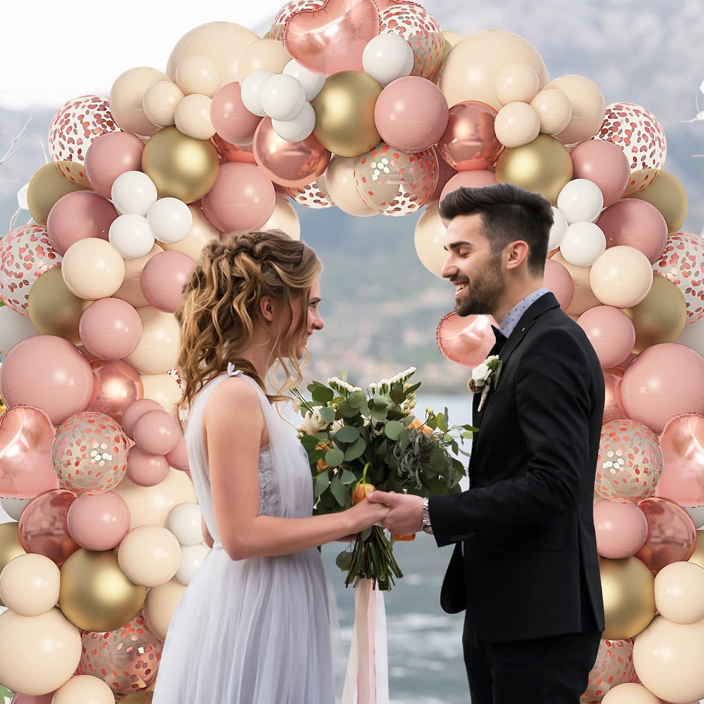 Amandir 153Pcs Boho Blush Balloon Garland Arch Kit, Double-Stuffed Nude Cream Peach Dusty Rose Pink Gold Confetti Metallic Balloon for Baby Shower Birthday Party Wedding Decorations