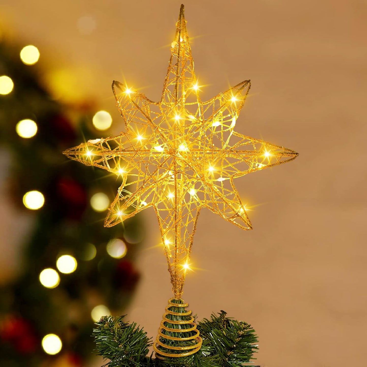 Christmas Tree Topper Lighted 13.5” Gold Star Tree Toppers with 20 LED Lights Christmas Tree Top Ornament for New Year Holiday Home Office Indoor Decorations