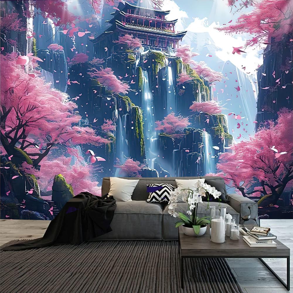 FENDROM Japanese Aesthetic Pink Cherry Blossom Tree Tapestry Building On Mountains Waterfall River Fairytale World Asian Art Tapestry for Bedroom Living Room