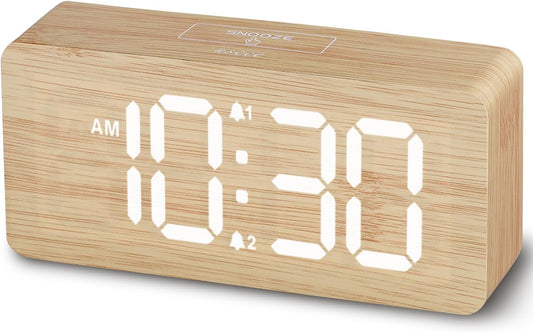 uscce Wooden Digital Alarm Clocks for Bedrooms: Dimmable Dual Alarm Clock with Large Numbers for Bedside Desk - Loud Alarm for Heavy Sleepers with Volume Control - Wood Decor & Gifts