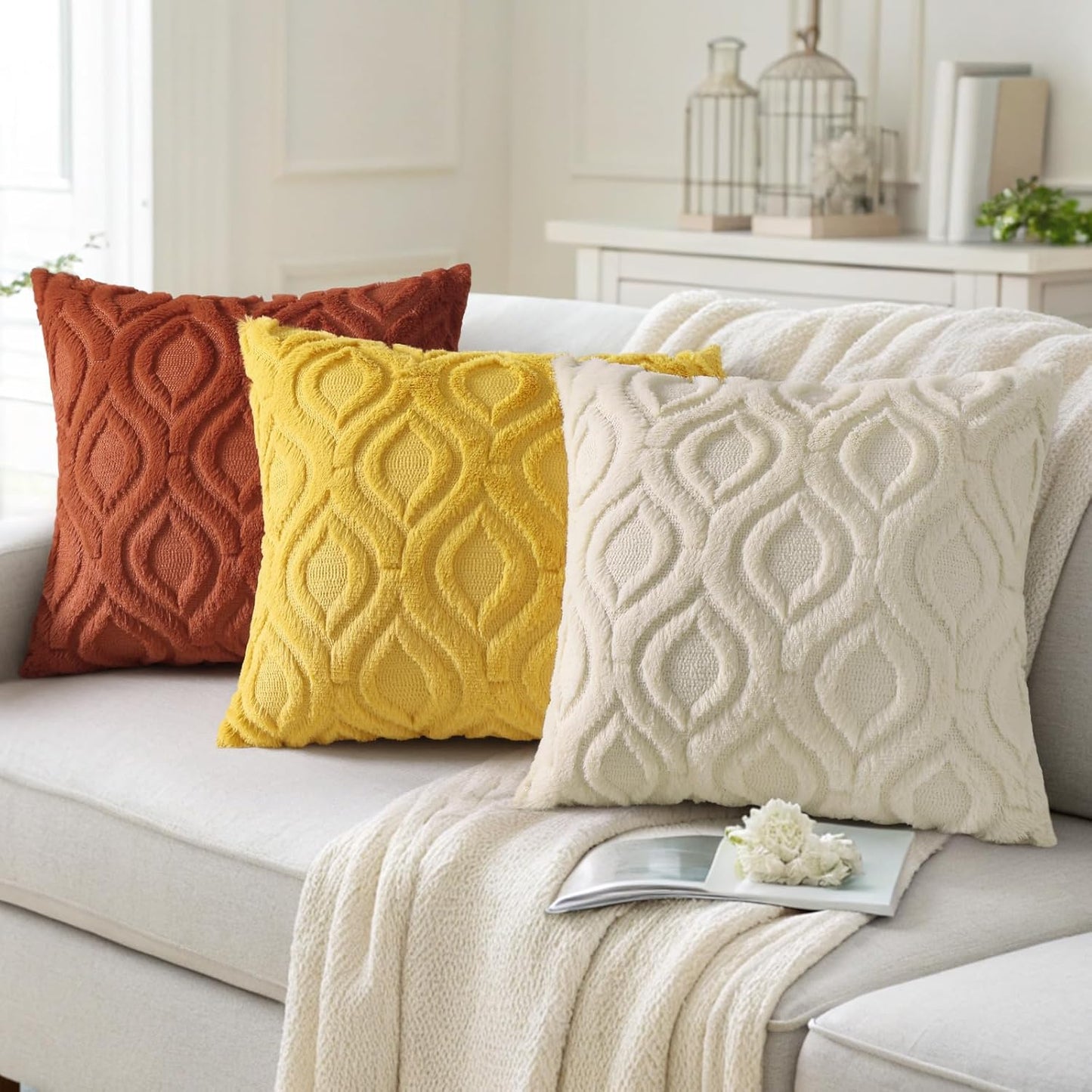 decorUhome Throw Pillow Covers 16x16 Inch Set of 2, Soft Plush Decorative Faux Fur Mustard Yellow Solid Couch Pillow Covers, Accent Farmhouse Neutral Square Euro Pillow Cases for Sofa Bed Living Room