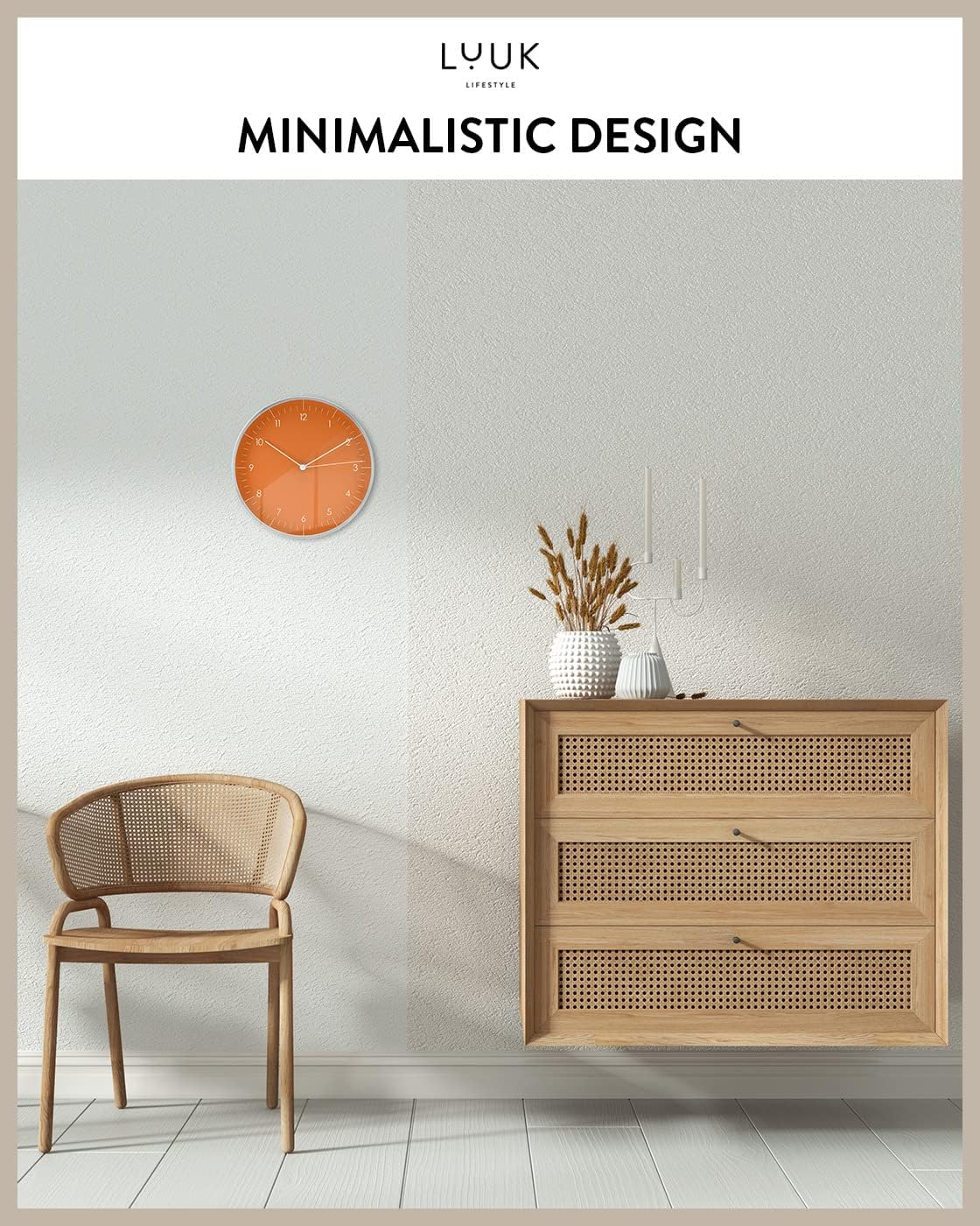 LUUK LIFESTYLE Silent Quartz Wall Clock, Modern and Minimalist Design, Without Ticking, 10” Kitchen Clock, for Living Room, Bedroom, Housewarming Gift, Orange and Silver