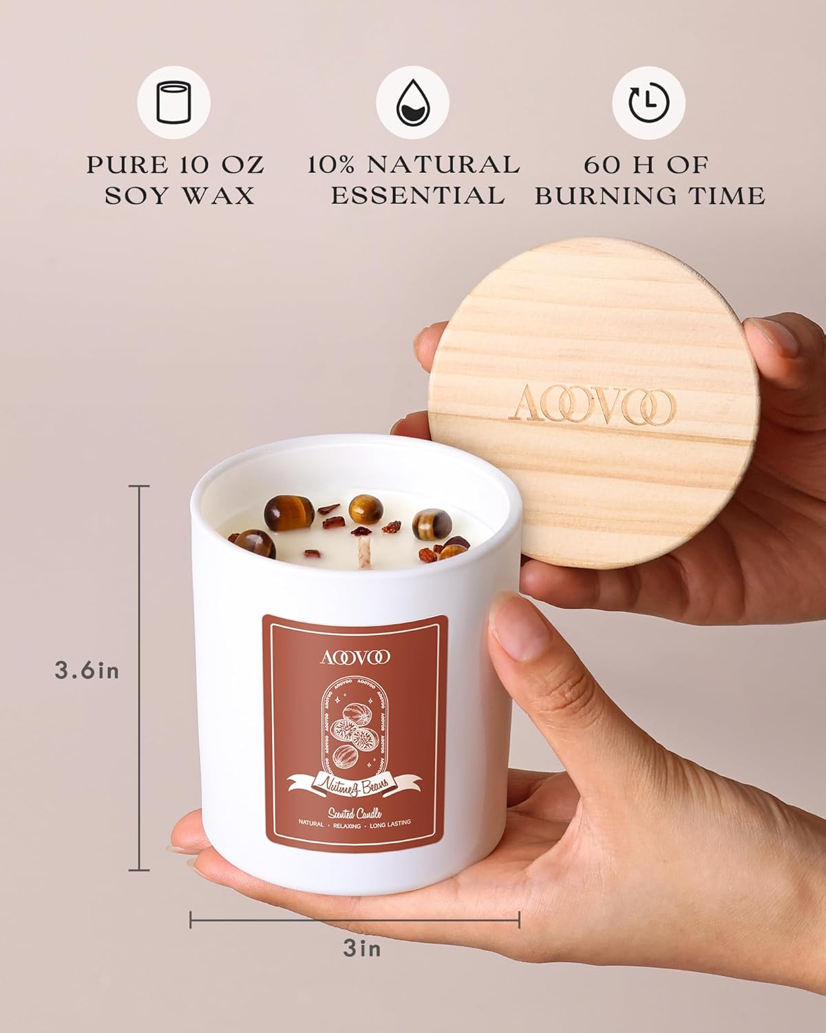 AOOVOO Nutmeg Beans Scented Candles for Women - Aromatherapy Candle with Crystals Inside, 10oz Soy Candles for Home Scented, Birthday Gifts Candle for Women Mom