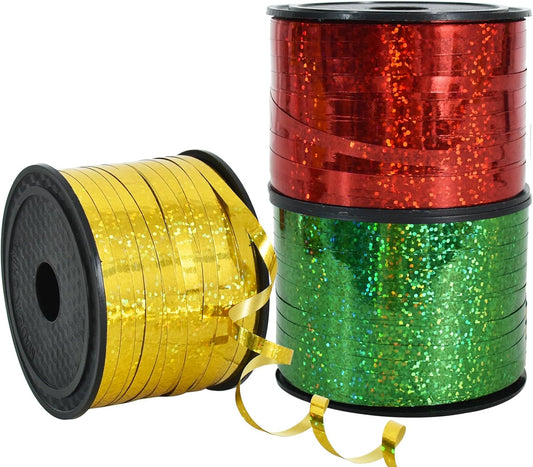 BEISHIDA 3 Pack 100 Yards Gold Red Green Ribbon Curling Crimped Glitter Ribbon Balloon String Shiny Metallic Gift Wrapping Ribbon Birthday Party Christmas Art Craft Decoration