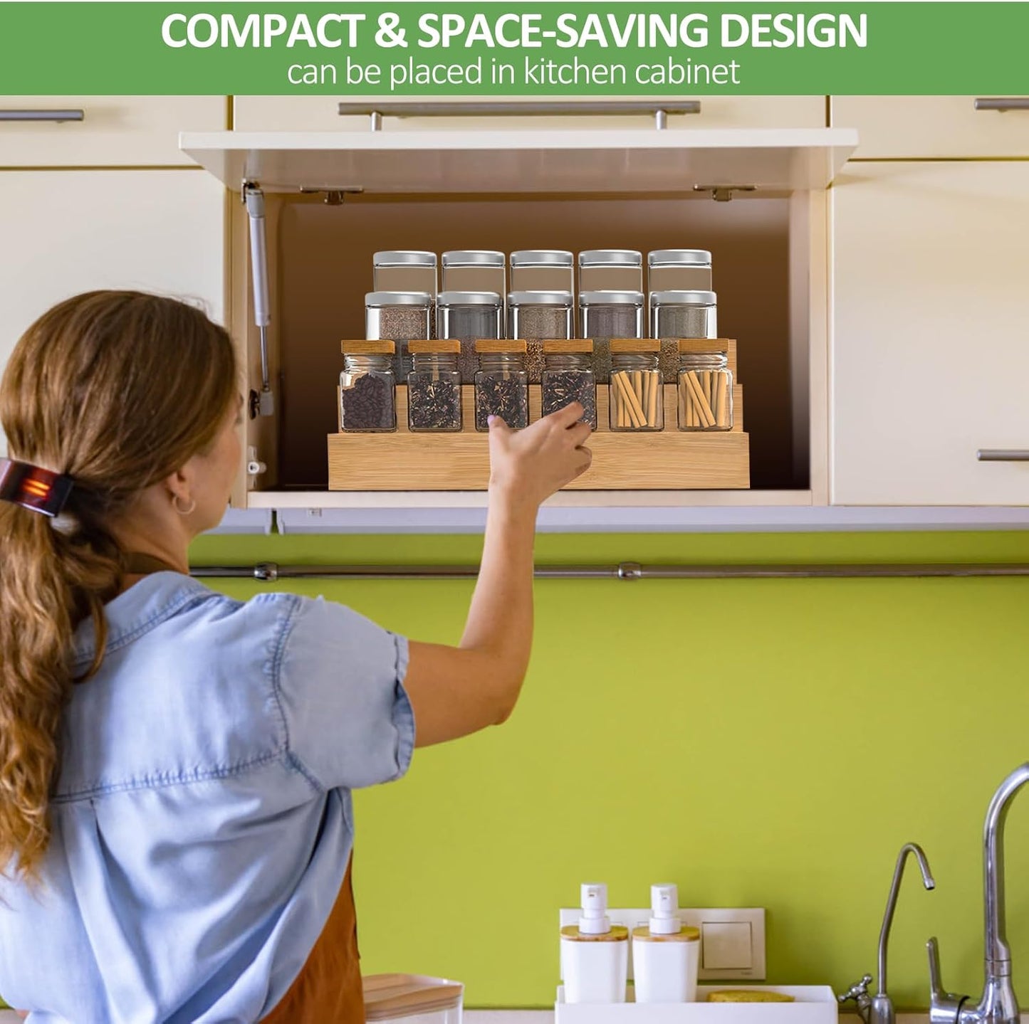 2 Pack Bamboo Spice Rack Organizer for Countertop, 3 Tier Spice Step Shelf for Cabinet (Jars Not Included)