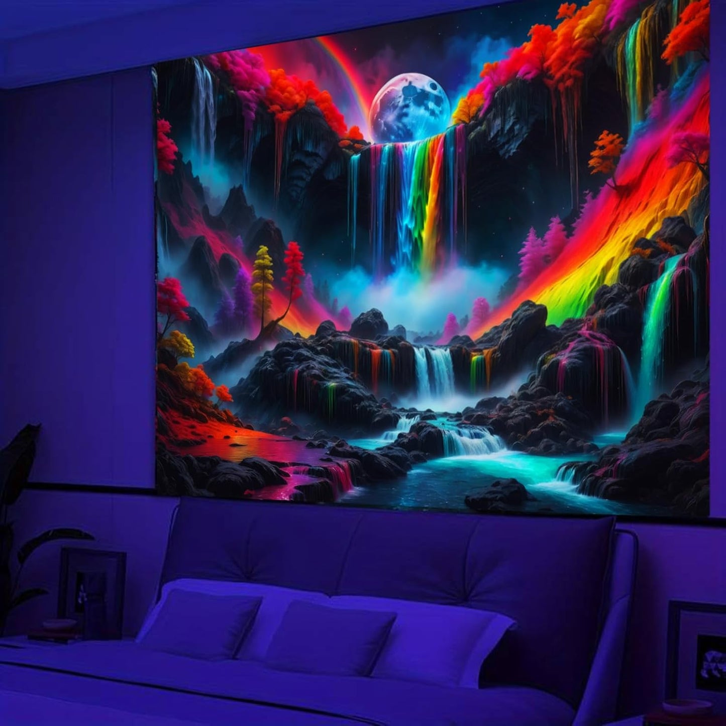 SparkLia Blacklight Waterfall Planet Tapestry, UV Reactive Glow in the Dark Fantasy Landscape Mountain Wave Neon Nature Wall Hanging Tapestries for Bedroom - 59 x 51 inches
