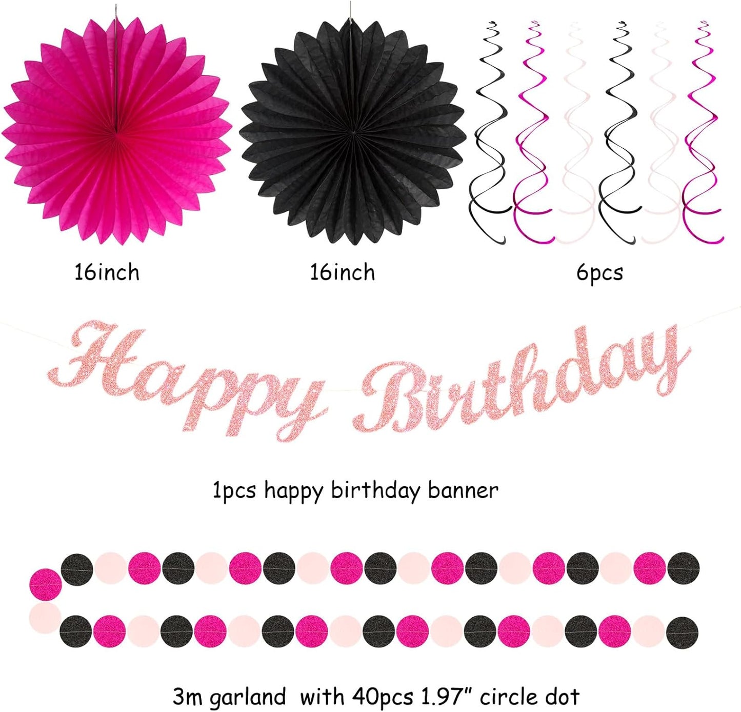 Hot-Pink Black Girls-Women Birthday Party-Decorations - 21pcs Baby Happy Banner, Paper Streamers Lanterns,Tissue Pom Poms Fan,Backdrop Decor Huglony