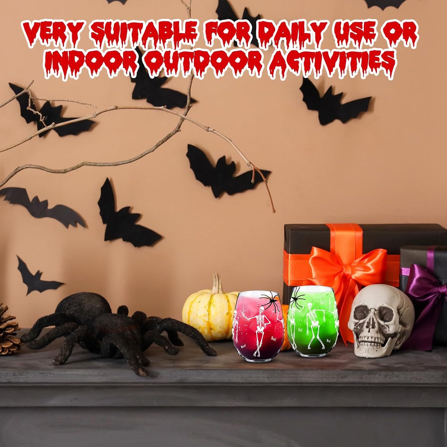 Sliner 2 Pack 17 oz Halloween Skeleton Wine Glasses Gift for Women Skull Shot Glasses Whiskey Drinking Cup for Halloween Party Supplies Birthday Theme Events Spooky Gifts(Skeleton)