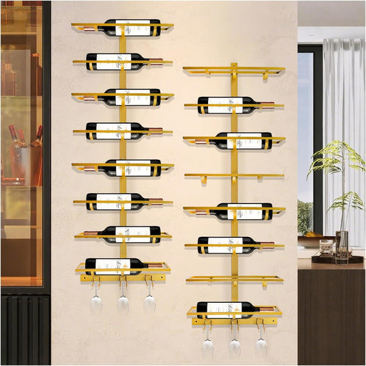 16 Bottle Wall Mount Wine Rack with Wine Glass Holder, Metal Wine Wall Rack, Wall Racks for Wine Bottles Display and Storage, Hanging Bottle Organizer for Living Dining Room Wine Cellar Bar (Gold)
