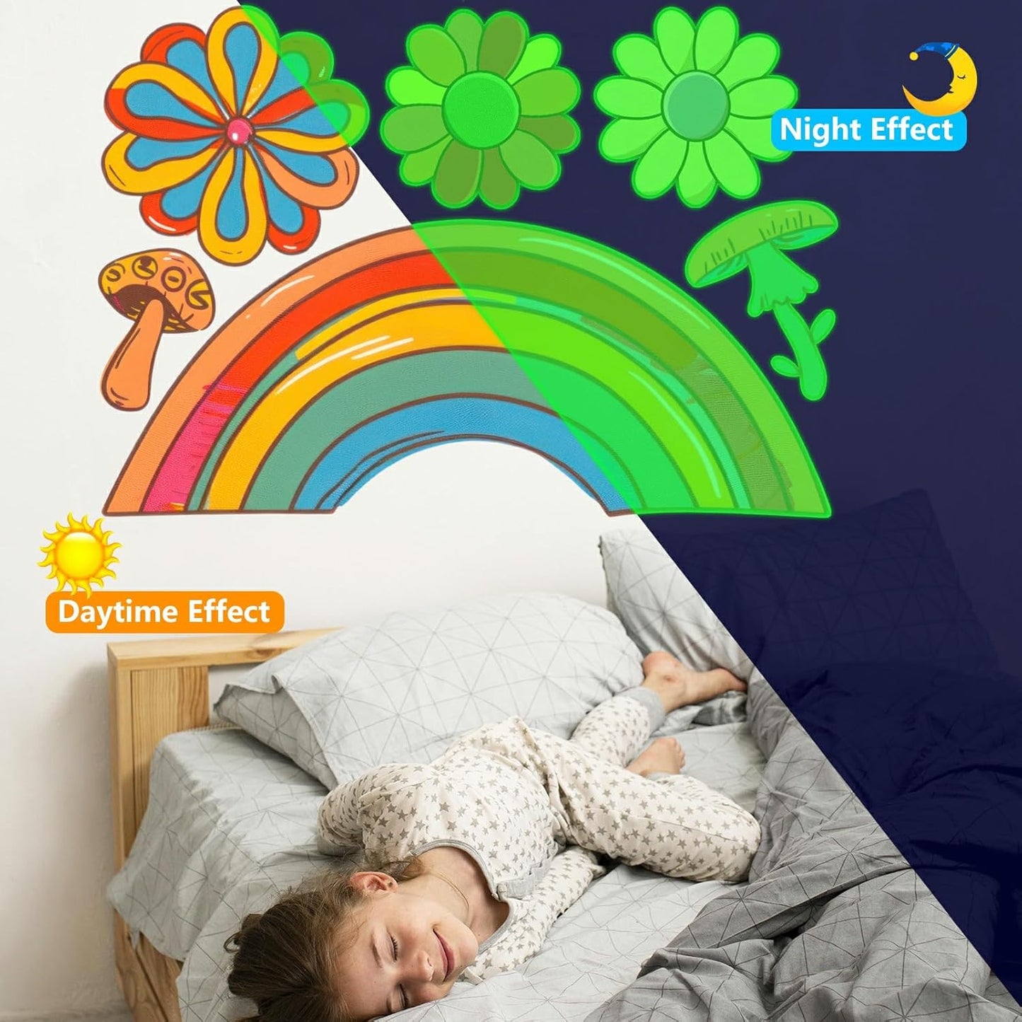 Glow in The Dark Colorful Flowers Stickers, 27 PCS Glowing Luminous Rainbow Heart Wall Decals Flowers Mushrooms Ceiling Stickers for Kids Boys Girls Bedroom Nursery Playroom Party Room Decor