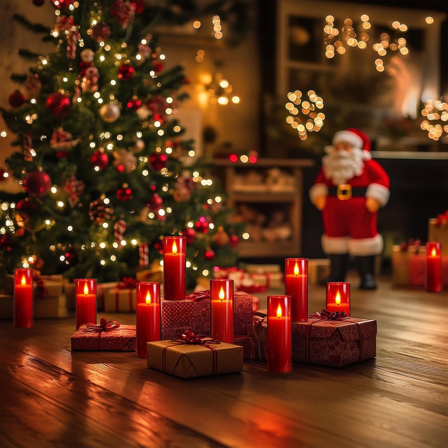 Amagic Christmas Red Flameless Candles, Battery Operated Candles with Remote and Timer, Acrylic Flickering LED Candles for Thanksgiving Decor, D2.2''xH5''6" 7", Set of 9