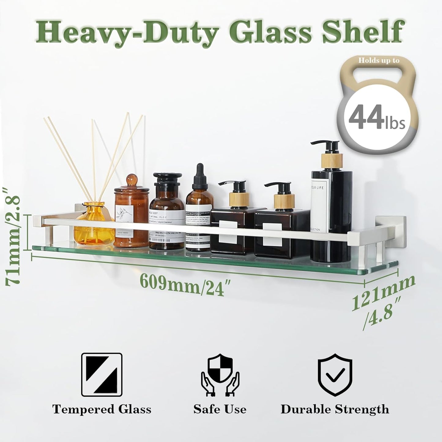 Alise Bathroom Shelf Wall Mounted, Brushed Nickel Large Capacity Glass Shelf for Bathroom, 24 inch