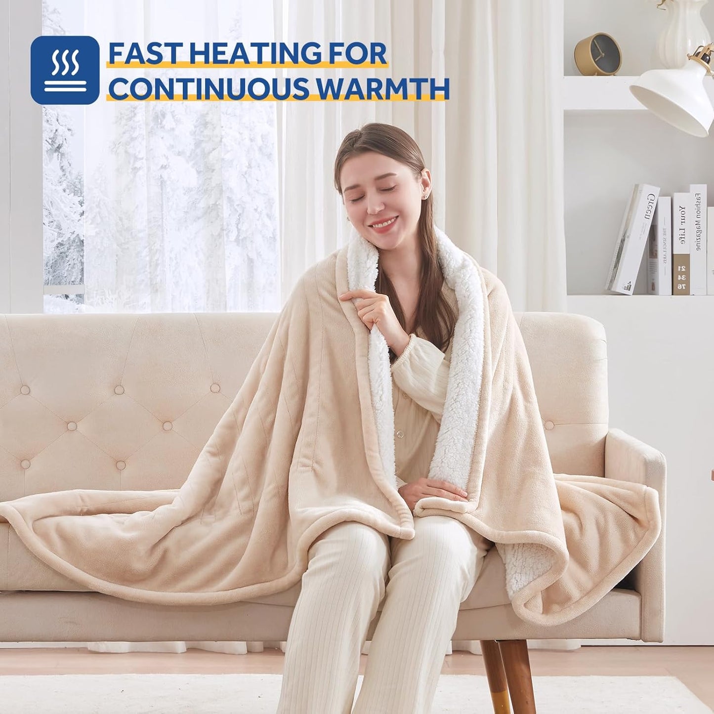 Sealy Electric Blanket Throw Size 50"*60",Super Cozy Flannel to Sherpa Reversible Heated Blanket Throw with 6 Heating Levels & 2-10 Hours Auto Off Overheating Protection Machine Washable,Beige