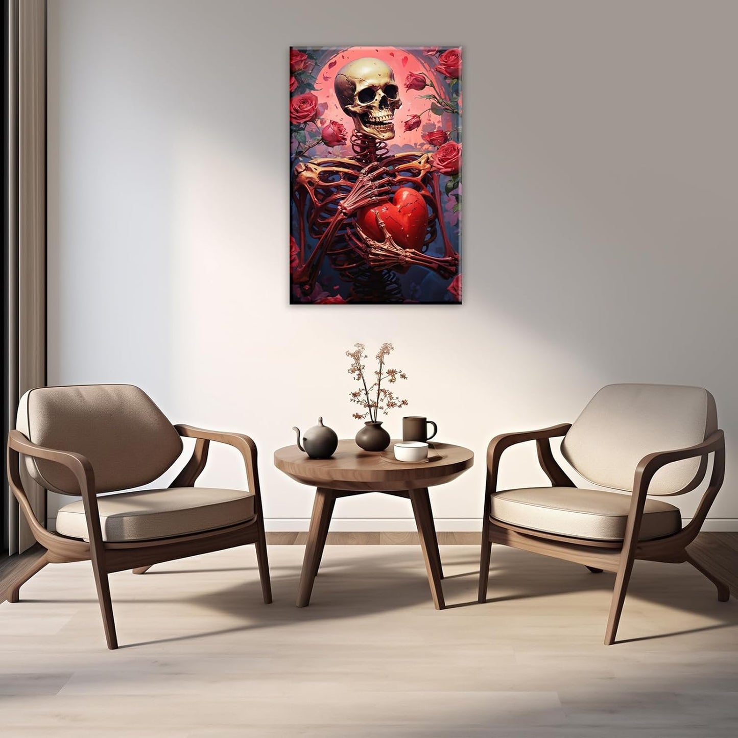OAAPITI Skull Skeleton Canvas Wall Art Skull Holding Heart Picture Print Romantic Theme Painting Artwork Gothic Poster Wall Decor Living Room Halloween Decor(Artwork-1,20"x30")