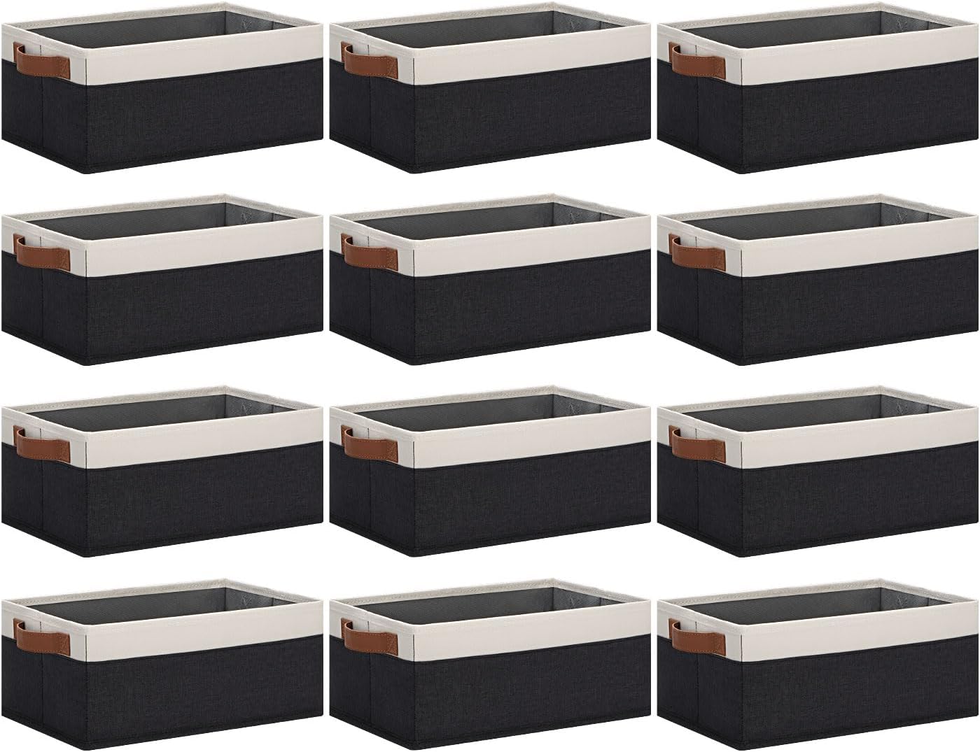 GhvyenntteS Storage Baskets for Shelves 12 Pack, Fabric Storage Bins with Leather Handles, Foldable Rectangular Storage Baskets for Organizing Home, Office (Black/White, 11.8" x 7.87" x 5.11")