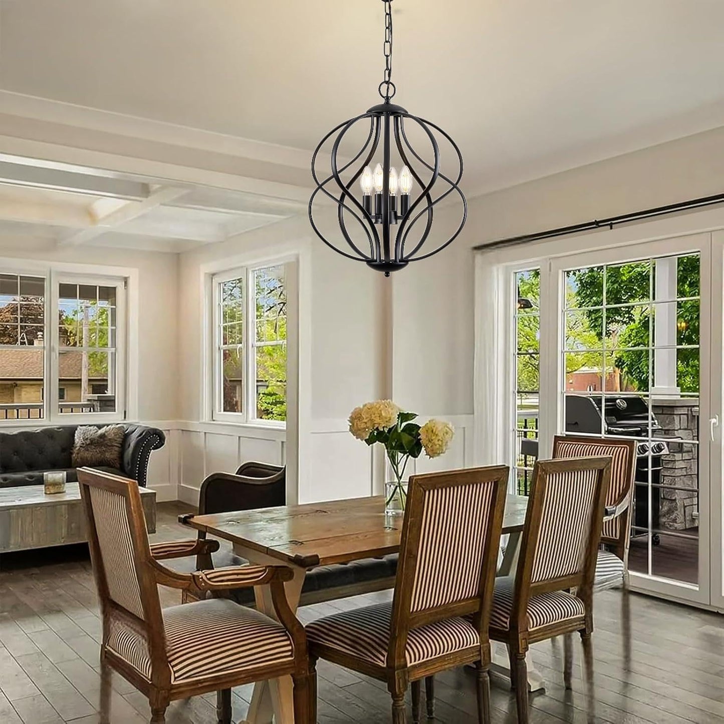 Modern Black Chandelier for Dining Room, 4 Lights Geometric Chandeliers, Sphere Chandelier Industrial Large Pendant Light Fixtures Hanging for Kitchen, Entryway, Foyer, Stairs