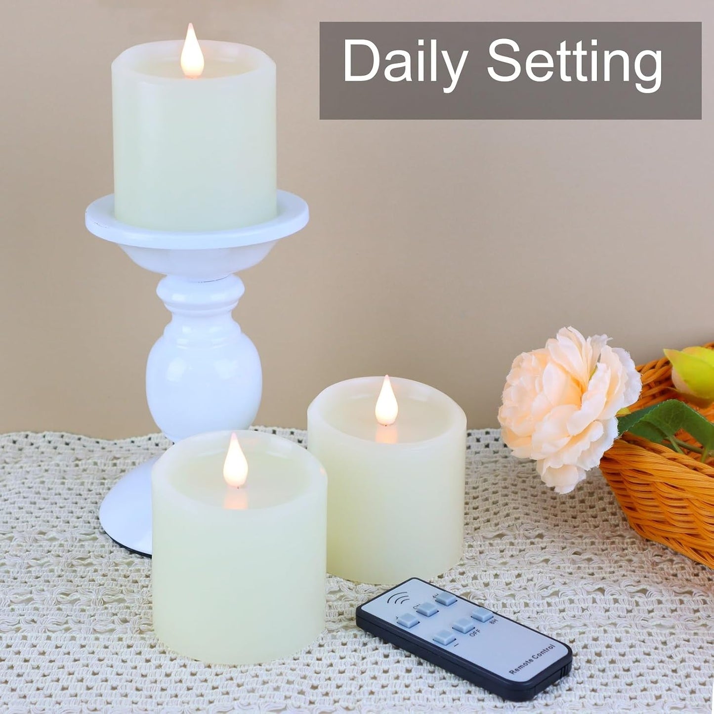 Flameless Candles Battery Operated with Remote Timer, 3D Moving Flame Flickering, Last 600+ Hours Battery Candles, Set of 3 Ivory Real Wax Electric LED Candle, 3" x 3"