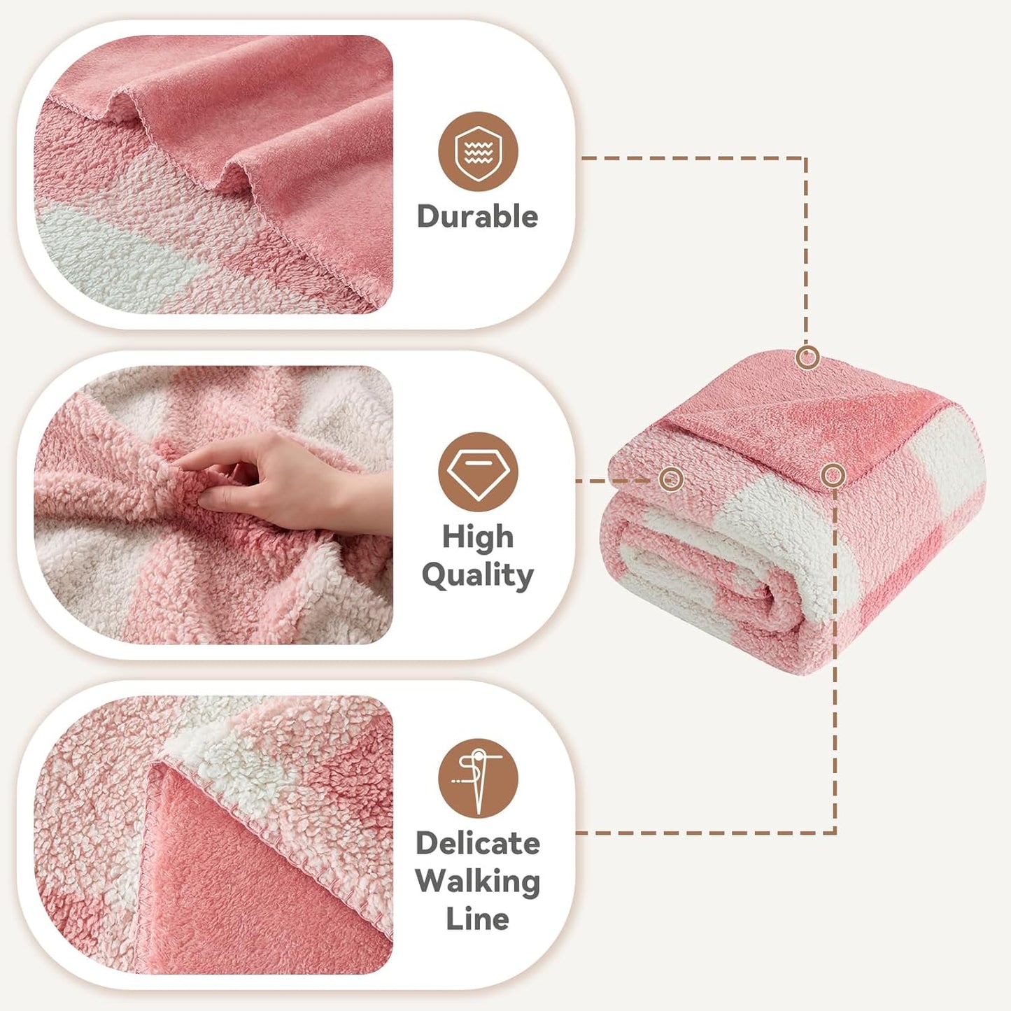 LURKA Checkered Sherpa Fleece Throw Blanket - Extra Thick and Warm Winter Soft Fuzzy Plush Blanket for Couches, Beds & Pets, Powder Pink, 50x60 Inches