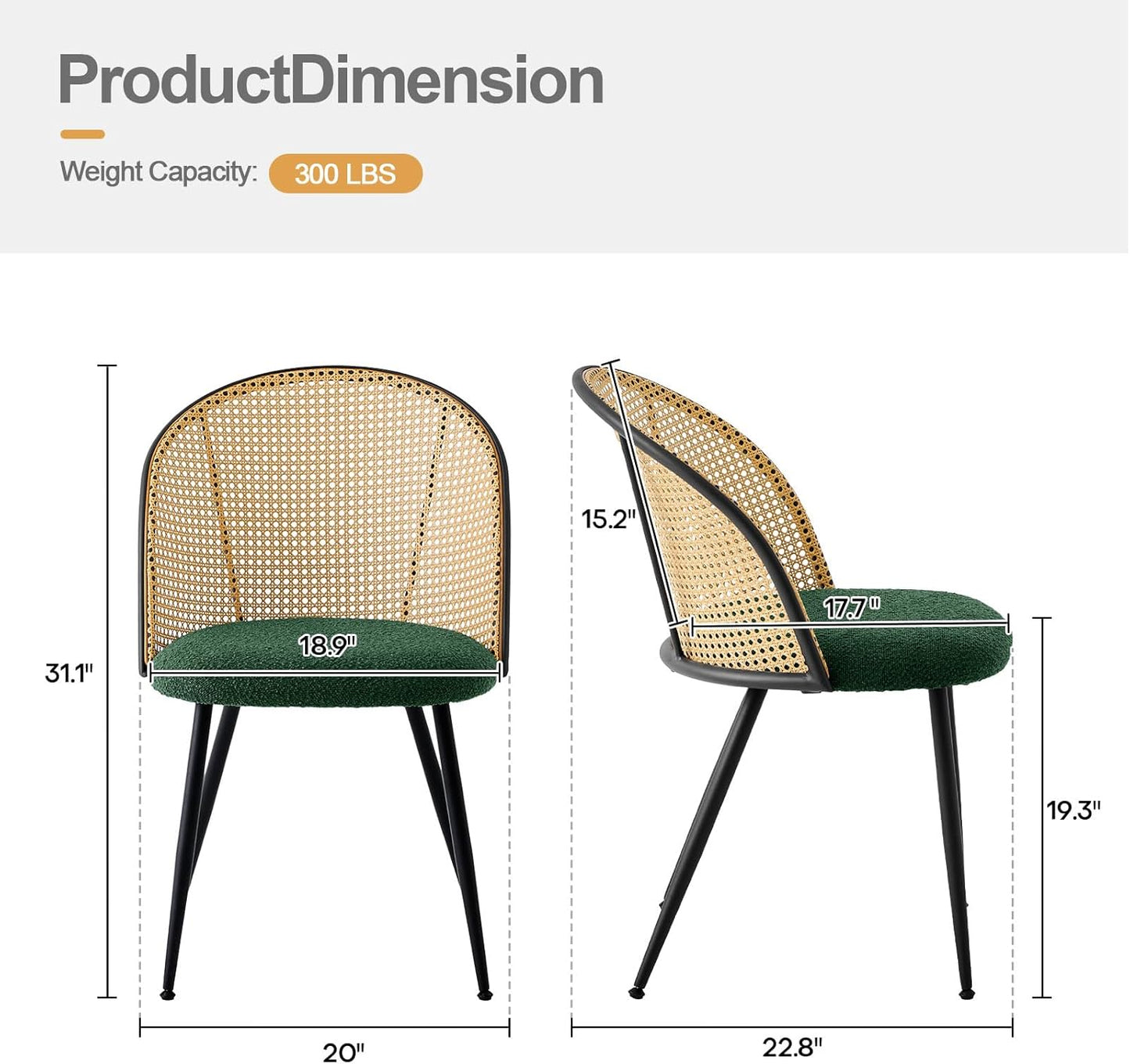 Rattan Dining Chairs Set of 2, Mid-Century Modern Kitchen Dining Room Chairs with Full Cane Backrest Armless Upholstered Farmhouse Boucle Dining Chairs with Metal Leqs for Dining Room, Green