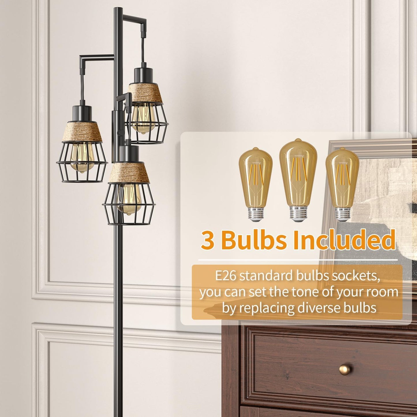 Oneach 68" Floor Lamps for Living Room, Stepless Dimmable Boho Floor Lamp with 3 Bulbs, Tall Farmhouse Industrial Corner Standing Tree Lamp for Bedroom, Office, Study Room, Dining Room, Black